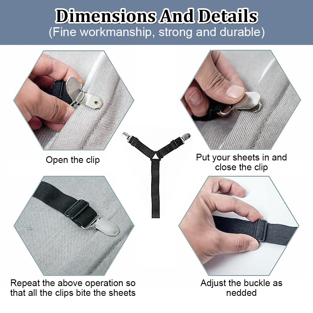 HASTHIP Bedsheet Clips for Bed, Adjustable Elastic Bed Sheet Holder Straps for Full, Queen, King Twin Bed, 6 Way Cross Sheet Clips Suspenders Band, Fitted Round and Square Mattresses (Black) HASTHIP Bedsheet Clips for Bed, Adjustable Elastic Bed Sheet Holder Straps for Full, Queen, King Twin Bed, 6 Way Cross Sheet Clips Suspenders Band, Fitted Round and Square Mattresses (Black)